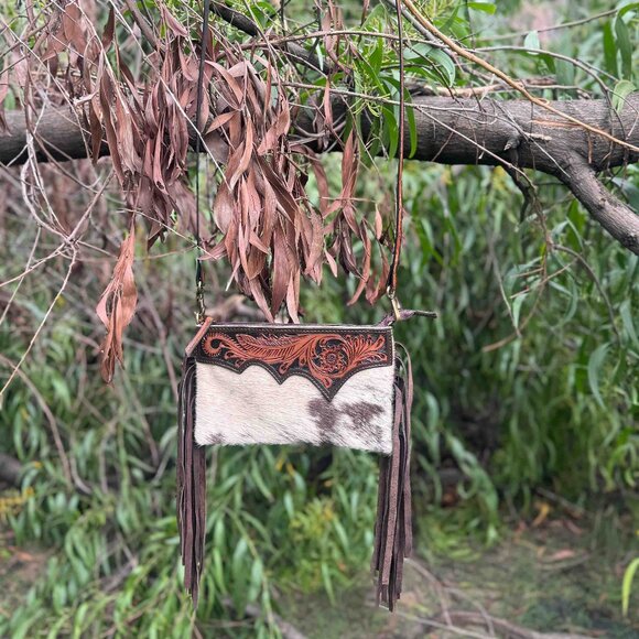 Ladies Genuine Leather Hair-on Tooled Bag Western Handbag with Fringes - Picture 1 of 7